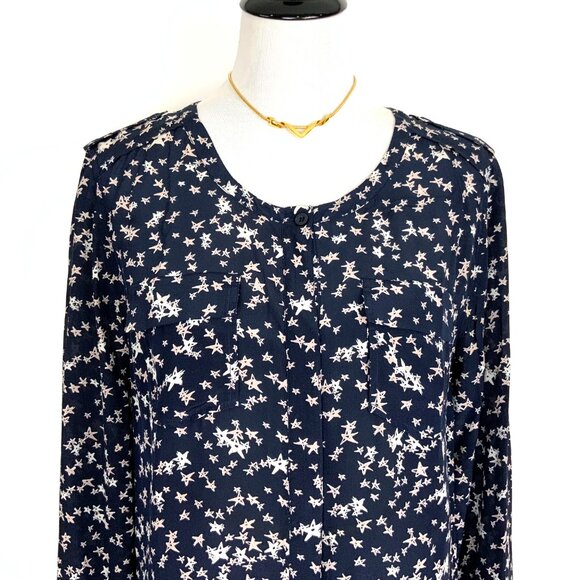 Rebecca Minkoff Silk Star Print Navy Blouse Career Size L - Picture 4 of 16